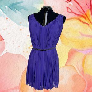 NINE WEST V-Neck Chiffon Pleated Dress with Belt